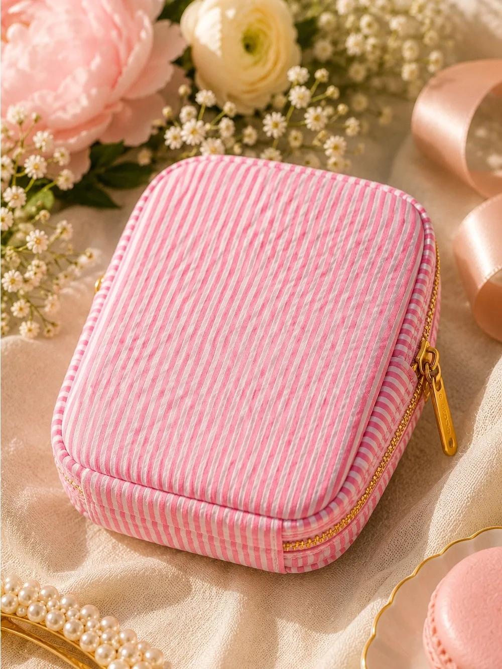 Pastel Seersucker Organizer Pouch | Makeup Bag | Travel Case | Purse Organizer